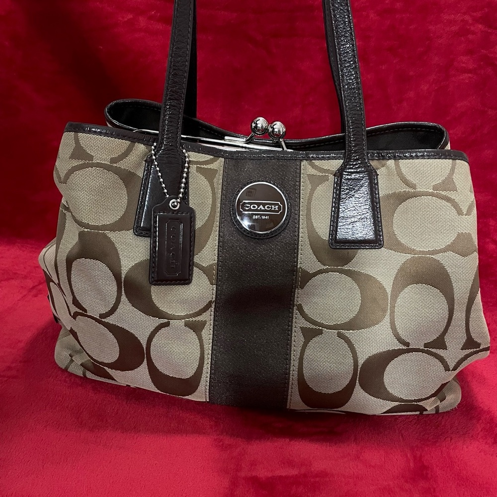 Coach Brown and Black Shoulder Bag with Signature Pattern